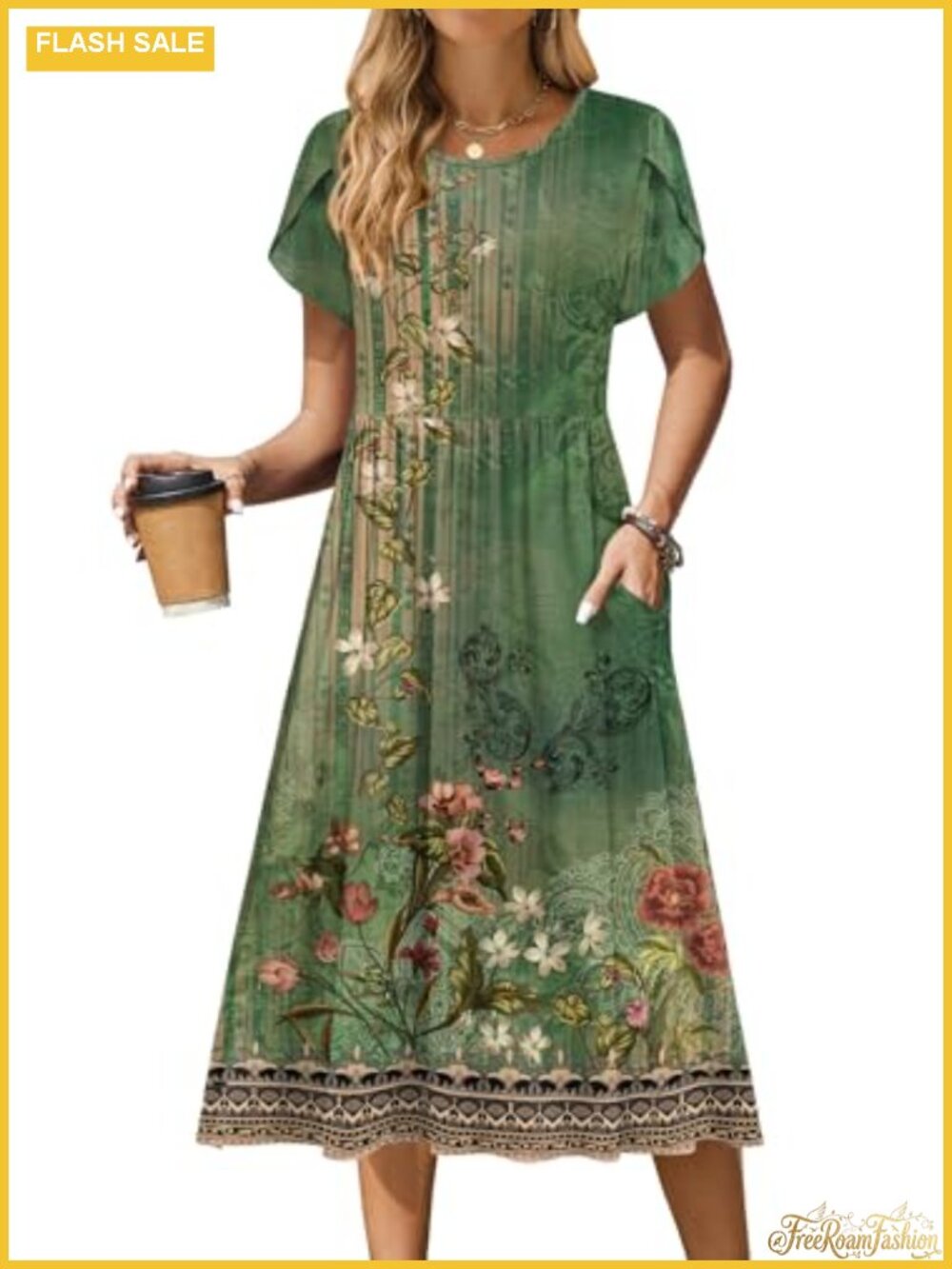 Womens Summer Midi Dress Casual Aline Short Sleeve Floral Tshirt Dress
